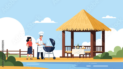 Professional chef grilling food on a barbecue at a tropical lakeside beach resort with a wooden gazebo and a woman.