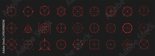 Red crosshair and Hud alignment. Asset or brain focus with bullseye and colorful buttons. Futuristic clip art with compass and exploding vitality. Science or tech innovation. Flat Vector illustration