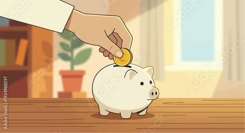 Hand putting coin into piggy bank illustration, symbolizing diligent saving, smart financial planning, and wealth accumulation for a secure future