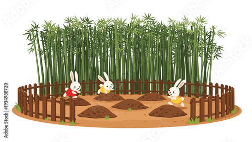 Three cute white rabbits hopping around in a fenced dirt garden area with a tall green bamboo forest in the back.