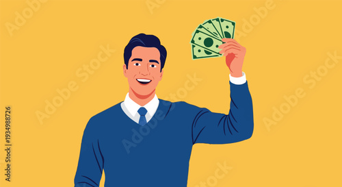 Joyful young man confidently displaying a fan of banknotes, symbolizing financial success and wealth, on a vibrant yellow background