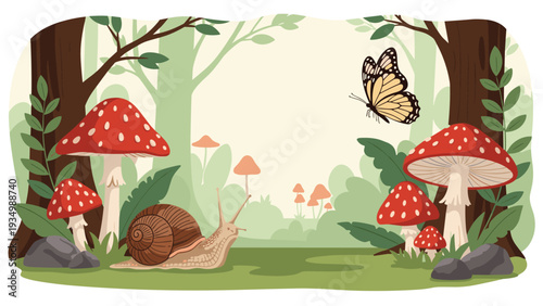 Small snail crawling on the grass and a monarch butterfly flying in a forest filled with tall red mushrooms.