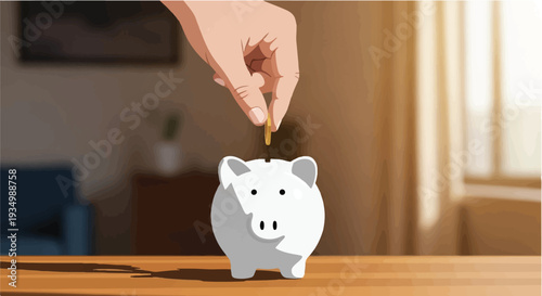 Hand depositing a coin into a piggy bank, symbolizing saving money and financial growth