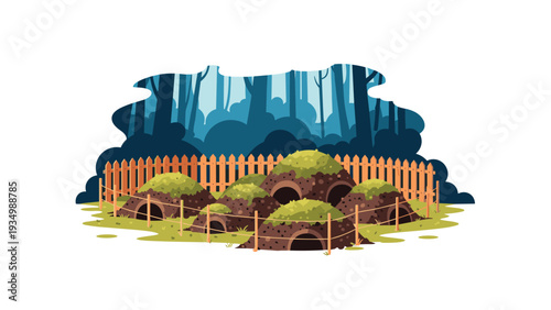 Small underground burrows or dens in a grassy fenced enclosure with a dark blue forest silhouette in the background.