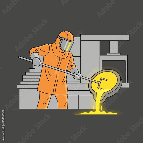 Foundry worker pouring molten metal from ladle into mold, industrial manufacturing process