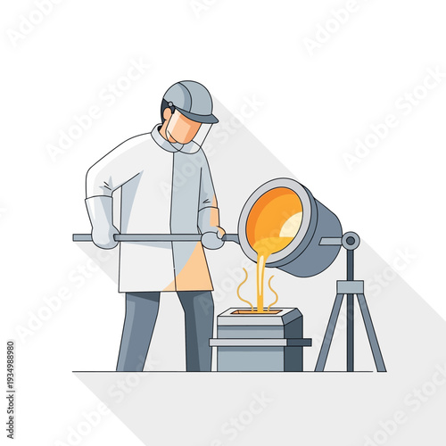 Foundry worker pouring molten metal into mold for casting, industrial manufacturing process