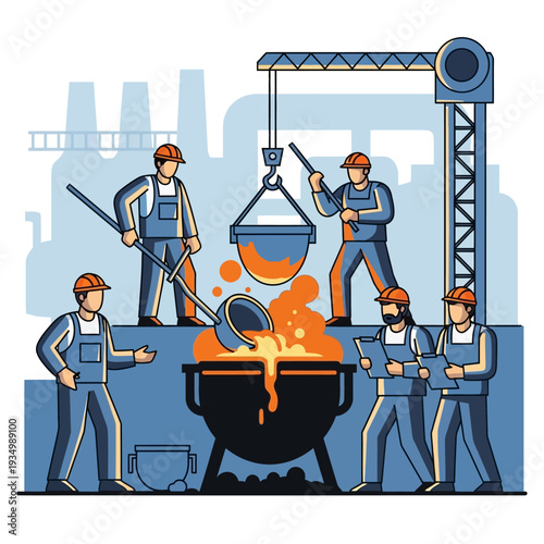 Foundry workers pour molten metal into crucible with crane in industrial factory