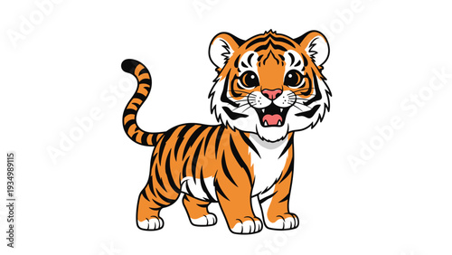 Playful baby tiger cub character with orange fur and black stripes standing and looking forward happily.