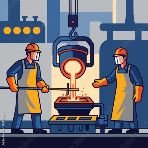 Foundry workers pour molten metal into mold using crane and ladle in industrial factory
