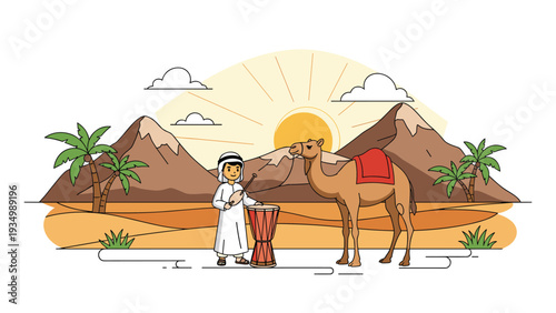 Young Arab boy in traditional white thobe playing a drum in the desert with a camel during sunset.