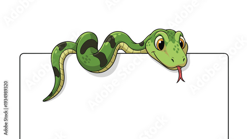 Friendly green snake character with black spots peeking over a white border and sticking its tongue out with a playful expression.