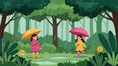 Two young girls wearing colorful raincoats and holding umbrellas playing and splashing in water puddles in a green summer forest.