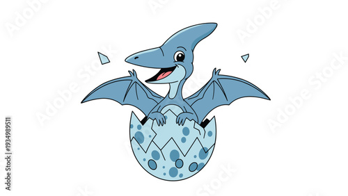 Adorable baby pterodactyl with blue skin and a friendly smile hatching from a spotted eggshell, celebrating its first moments of life on white.