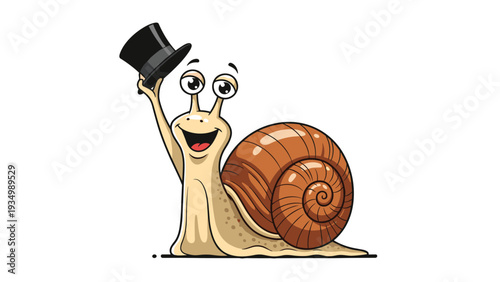 Cheerful cartoon snail with a large spiral shell tipping its black top hat and smiling, presented as a friendly character on a white background.