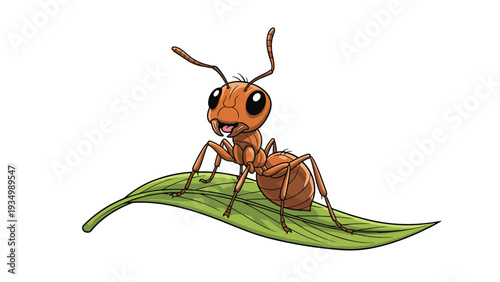 Detailed illustration of a large brown ant with big eyes standing on a textured green leaf, showing its segmented body, legs, and antennae.