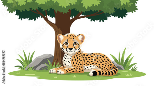 Young cheetah cub with its characteristic black spots resting peacefully on green grass under the shade of a large leafy tree in the sunshine.