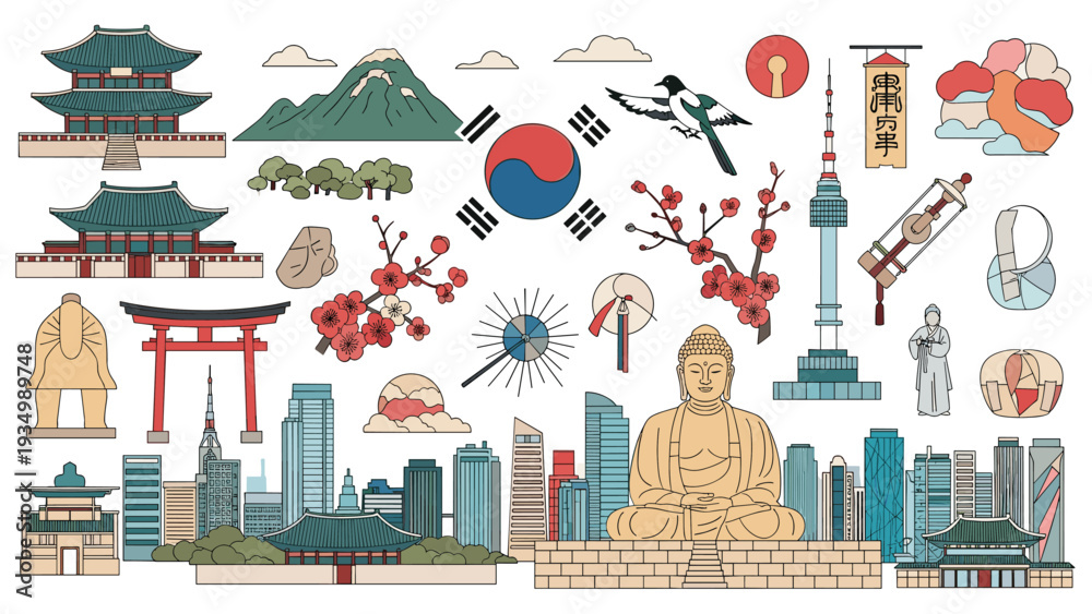 Obraz premium Extensive collection of South Korea landmarks and cultural symbols including temples, cherry blossoms, a magpie, and modern Seoul cityscapes.