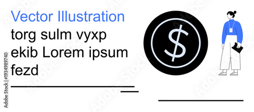 Finance, business, earnings, financial markets, currency, banking. Circular dollar symbol and a person holding documents. Finance and business concept visually
