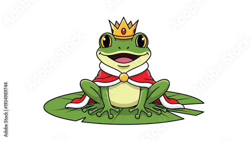 Regal frog king sitting on a lily pad while wearing a golden crown and a long red cape with a white fur collar, smiling happily at the viewer.