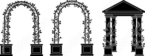 Elegant garden arch and classical column silhouettes, decorative floral vine wedding ceremony elements isolated on white background