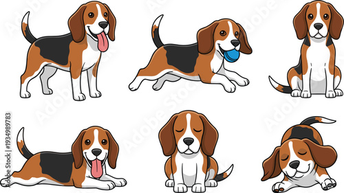 Set of Cute Beagle Dog Illustrations Showing Various Poses and Expressions for Kids, Pet Lovers, and Graphic Design"