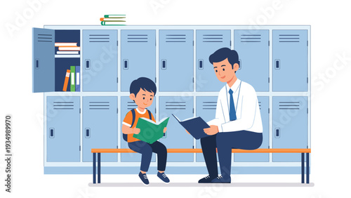 Kind teacher and a young student sitting on a bench in a school hallway reading books together in front of rows of blue storage lockers.