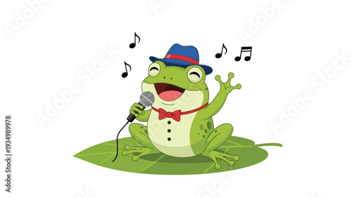 Talented cartoon frog wearing a blue hat and red bowtie singing into a microphone while standing on a lily pad under floating musical notes.