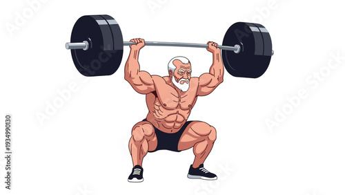 Powerful muscular elderly man with a white beard performing a heavy squat while holding a weighted barbell over his head with intense focus.