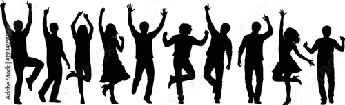 Dancing people silhouettes set with energetic men and women jumping poses, black isolated party crowd figures for music and celebration design
