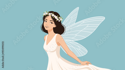 Beautiful female fairy with transparent wings and a crown of white flowers, wearing a simple white dress against a clear blue sky background.