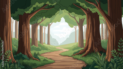 Winding dirt path leading through a dense forest of ancient tall trees with lush green leaves and soft sunlight filtering through the canopy.