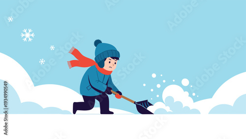 Determined boy wearing winter clothes and a blue beanie using a shovel to clear a large pile of snow during a heavy winter snowfall outside.