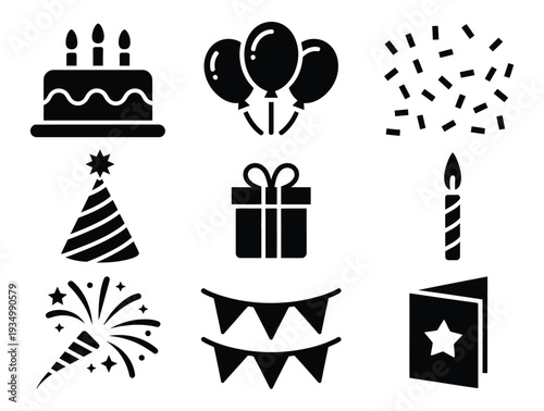 Party icon set featuring birthday cake, balloons, confetti, hat, gift box, candle, fireworks, and bunting, bold vector illustrations