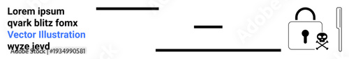 Cybersecurity, online threats, data protection, hacking concepts, web security, encryption. A padlock with a skull symbol and key icon. Cybersecurity and online threats concept