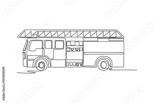 Continuous one line drawing side view of fire engine with long roof ladder. Length of the vehicle and the organized arrangement of storage panels. Single line draw design vector graphic illustration
