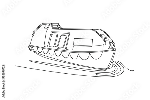 Continuous one line drawing lifeboat or enclosed rescue vessel navigating through water. Protective hull and cabin for maritime emergency missions. Single line draw design vector graphic illustration
