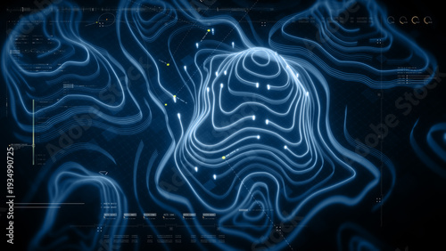 Futuristic holographic topographic environment featuring dynamic geomorphological terrain visualization, integrated into an advanced motion graphic user interface with a head-up display screen