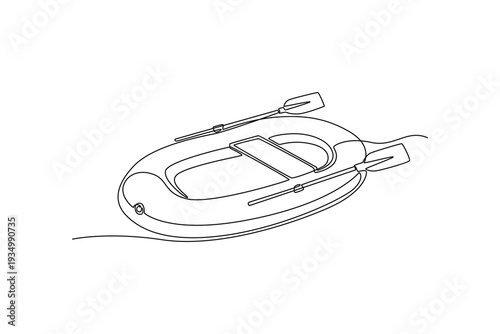 Continuous one line drawing inflatable rescue boat with oars floating on water or sea. Simple form and emergency equipment used for aquatic safety. Single line draw design vector graphic illustration