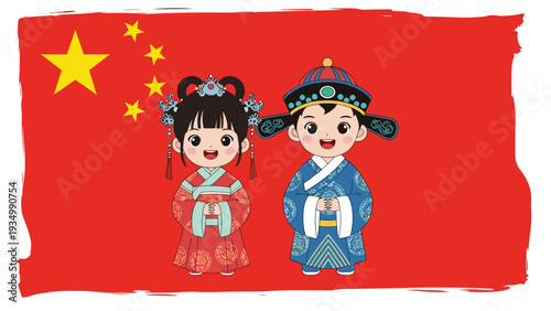 Boy and girl dressed in traditional Chinese attire standing together in front of a large red flag of China with five golden yellow stars.