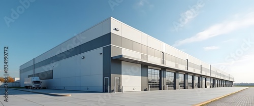 Contemporary industrial building facade with multiple loading bays and sectional doors