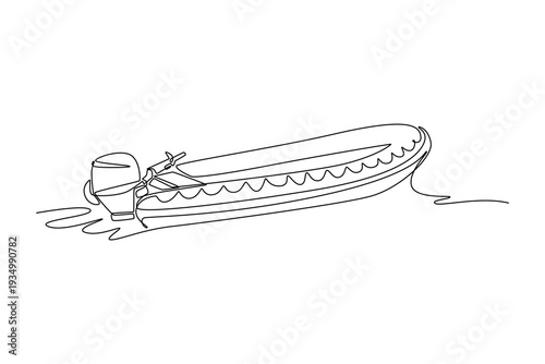 Continuous one line drawing specialized rescue boat with outboard motor speeding across water. Aerodynamic hull and ripples by the emergency vessel. Single line draw design vector graphic illustration