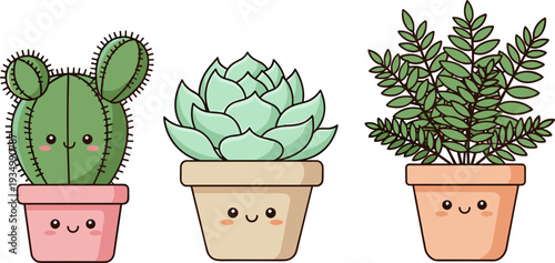Cute succulent plants vector set, cactus and houseplants in pots, kawaii cartoon illustration isolated collection design bundle