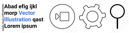 Digital tools, technology interfaces, data management, online search, media services, software design. Video icon, gear and magnifier with placeholder text. Technology and online search theme