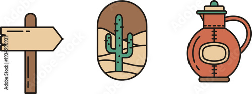 Desert icon set vector illustration, cactus landscape, wooden signpost, canteen bottle, wild west cartoon symbols isolated collection