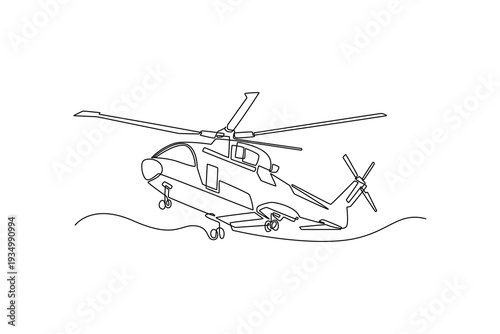 Single one line drawing rescue helicopter hovering mid-air. Emergency chopper for winch rescues and mountain or sea emergency services. Modern continuous line draw design graphic vector illustration