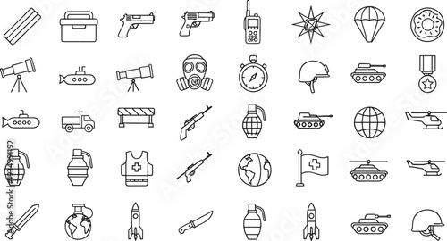 Military War Icon Set with Weapons Tanks Grenades Soldier Equipment Defense Strategy and Army Technology Line Vector Collection