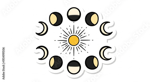 Minimalist celestial moon phases and sun line art, bohemian vector