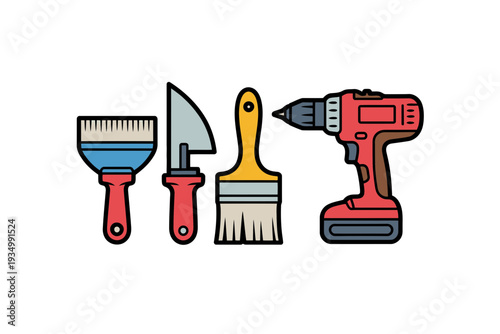 A set of colorful painting and construction tools on a white background