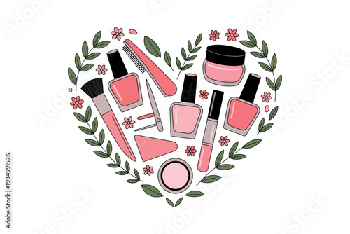 A heart-shaped vector graphic illustration of various pink nail care tools and cosmetics surrounded by floral elements