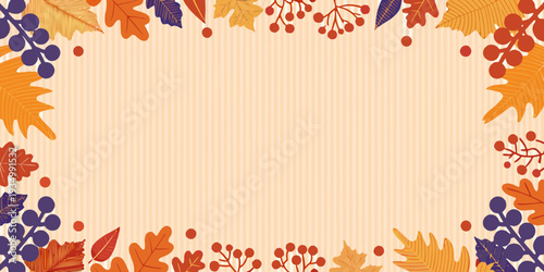 Autumn leaves and berries form a decorative border on a beige background